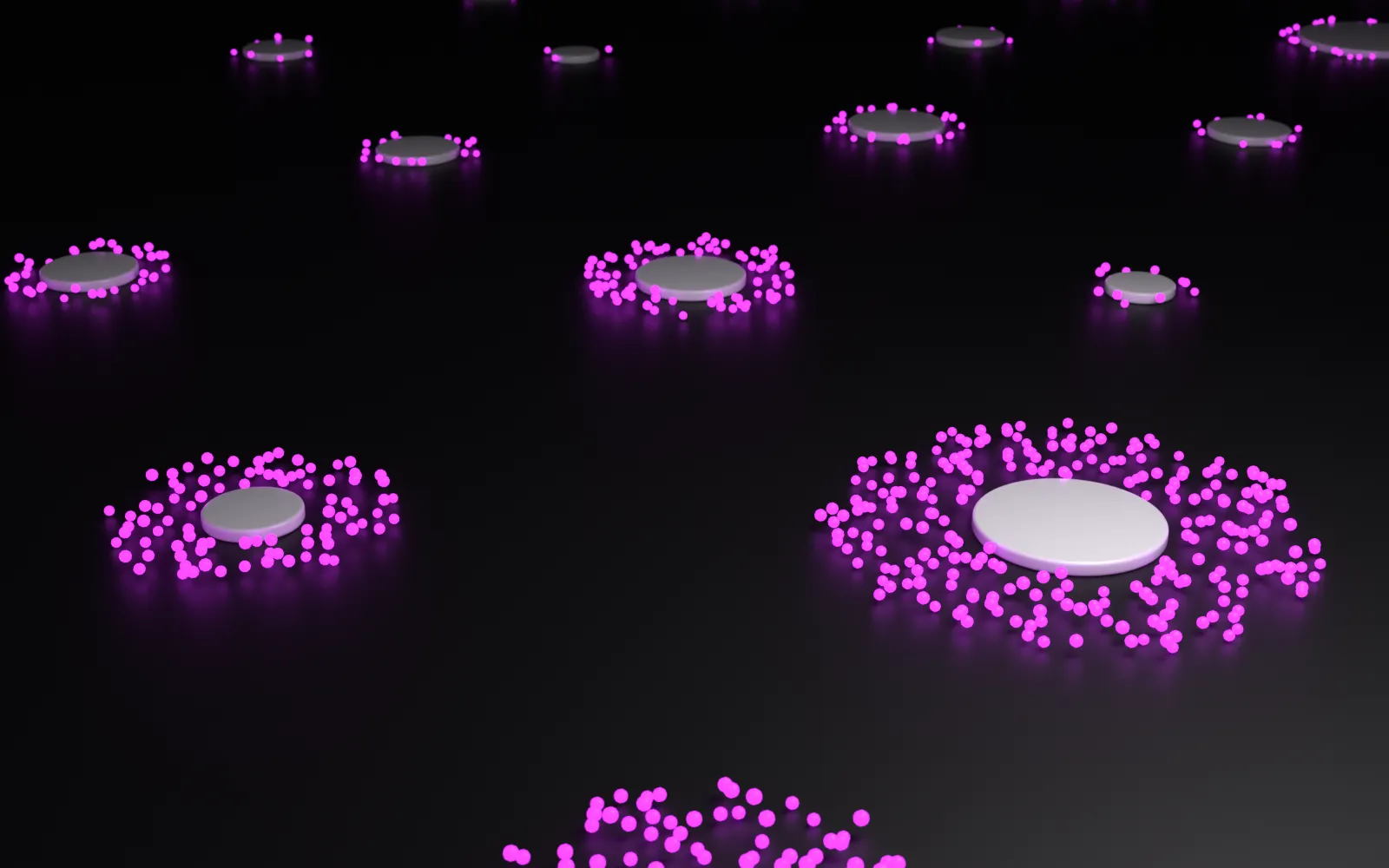 Today's trending coins drawn as white discs, each inside a crowd of magenta beads: one bead per eight buyers in the last hour. A small coin at the front has the biggest crowd.